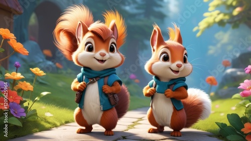 Two adorable squirrels with blue scarves and tiny backpacks on a stone pathway outdoors