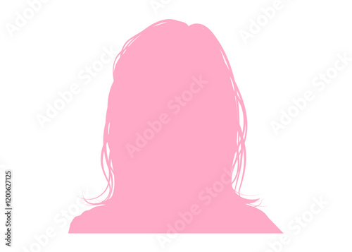 ロングヘアの女性の顔アップのシルエットのイラスト 上半身 正面 ピンク色