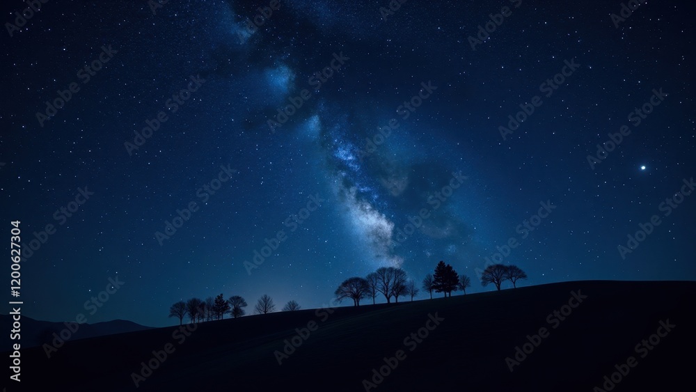 Dark silhouette of a hill crowned with tree outlines against a deep-blue night sky, creating a mysterious and serene landscape under starlit skies Dark silhouette of a hill crowned with tree outlines against a deep-blue night sky, creating a mysterious and serene landscape under starlit skies