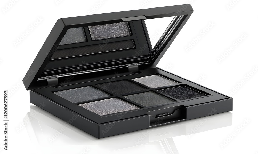 Black eyeshadow palette with six shades in a sleek black compact. Black eyeshadow palette with six shades in a sleek black compact.