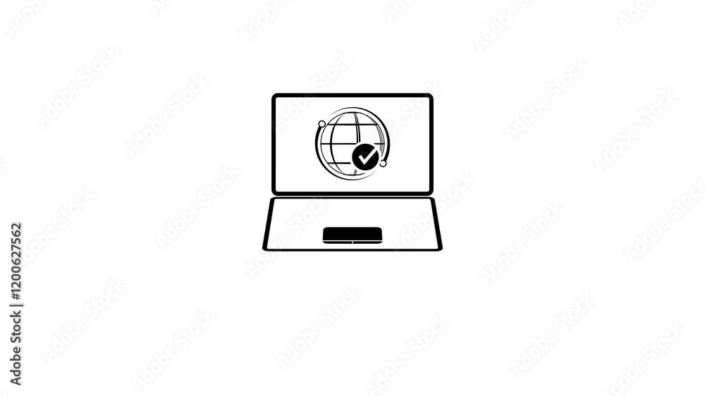 Laptop with Earth globe and check mark icon animation on background