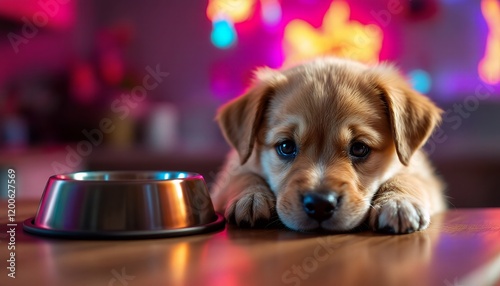 Heartfelt Puppy Portrait:  Sad Golden Pup with Empty Bowl in Neon Light photo