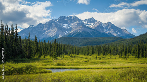 Majestic mountains rise above lush green valley, surrounded by dense forests and serene river. vibrant landscape captures beauty of nature tranquility