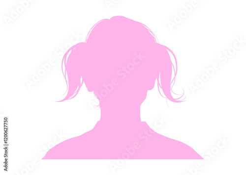 ツインテールの女性の顔アップのシルエットのイラスト 上半身 正面 ピンク色