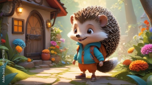 Cartoon hedgehog with backpack stands on stone path near cozy cottage in whimsical forest scene photo