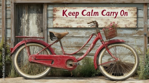 Red vintage bicycle, keep calm sign, rustic shed, summer day, inspirational photo