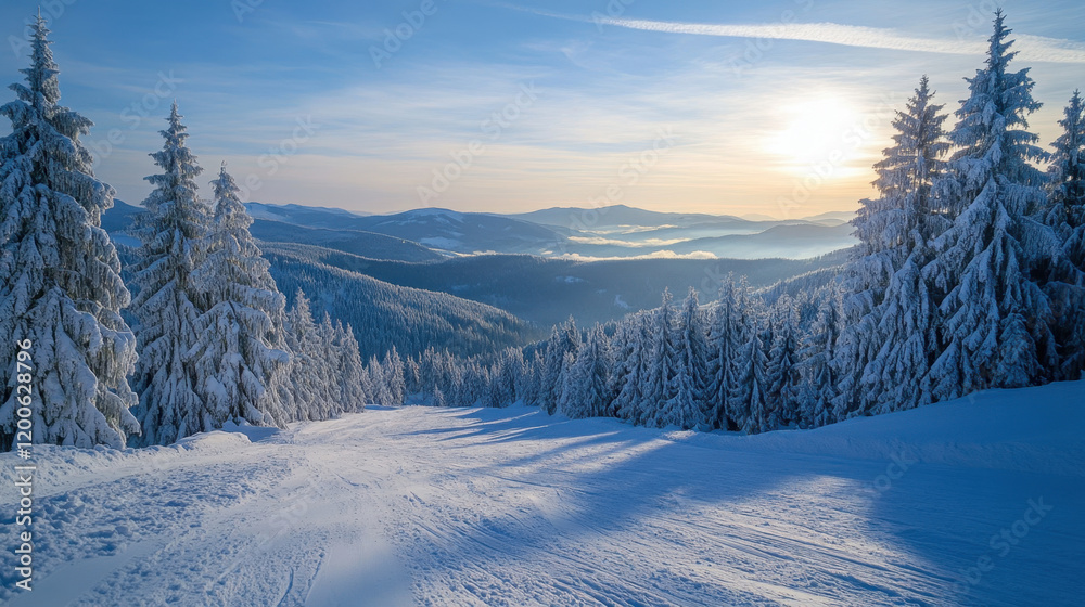 Fototapeta premium serene winter landscape featuring snow covered trees and beautiful sunset. scene captures tranquility of nature in snowy mountain setting