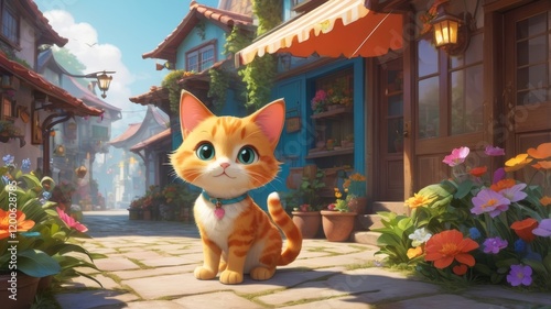 Cute orange tabby kitten sitting on a cobblestone street in a charming European village