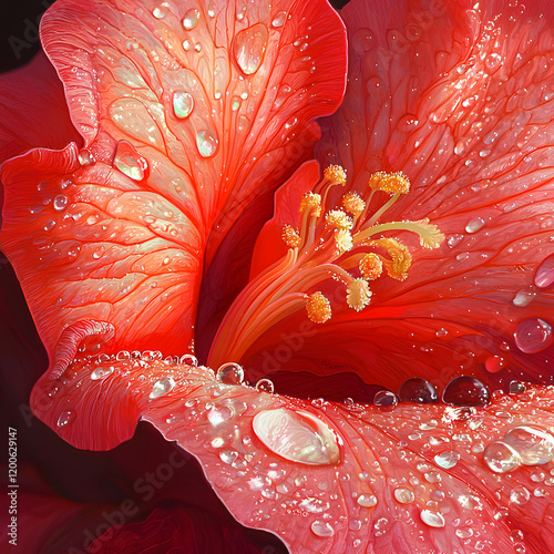 Vibrant Red Flower Glistening with Fresh Water Droplets Under Soft Natural Light Showcasing Nature's Beauty and Elegance in a Serene Garden Setting