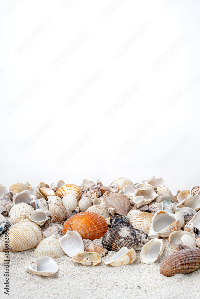 Obraz premium Collection of various seashells scattered on white sand against a stark white background, highlighting their diverse shapes, colors, and textures.