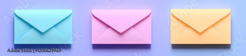 Three pastel envelopes on purple background. photo