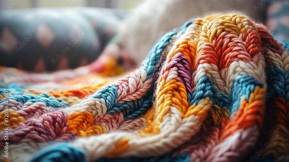 Cozy knit throw blanket draped on sofa, indoor home decor Cozy knit throw blanket draped on sofa, indoor home decor