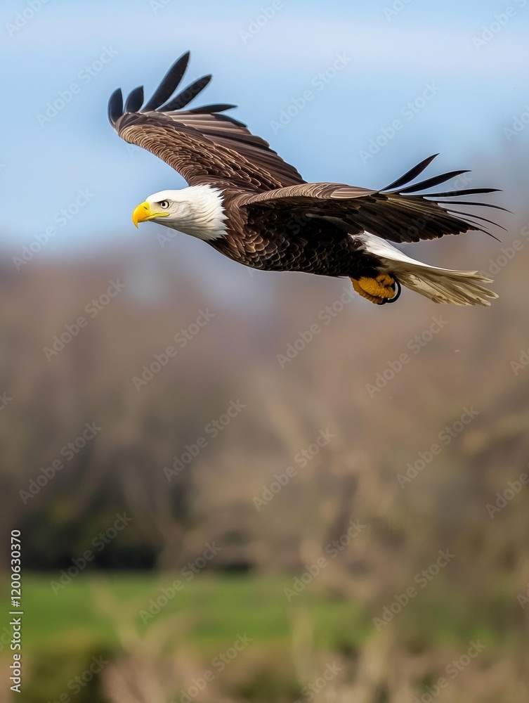 Majestic Bald Eagle in Flight Over Lush Landscape Majestic Bald Eagle in Flight Over Lush Landscape