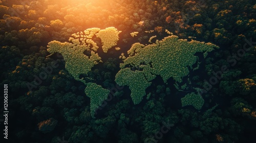 World Map Formated by Trees, Aerial View of a Forest Representing the Globe photo