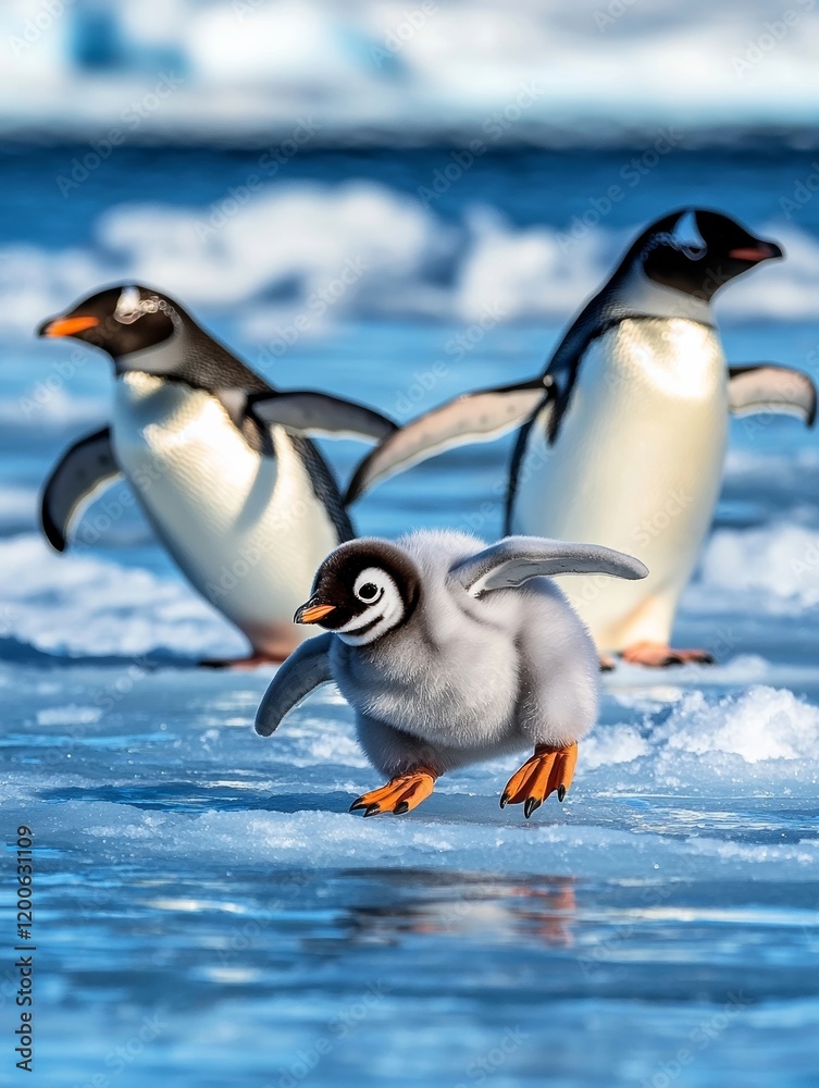 Obraz premium Adorable Penguin Chick Takes First Steps on Ice, Surrounded by Adults