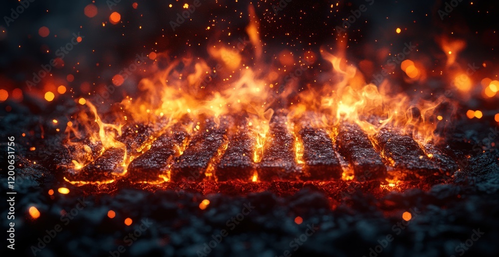 Grilling Flames Charcoal Barbecue Fire Empty Grid Black Background Backyard Cookout Summer Party Grilling Flames Charcoal Barbecue Fire Empty Grid Black Background Backyard Cookout Summer Party