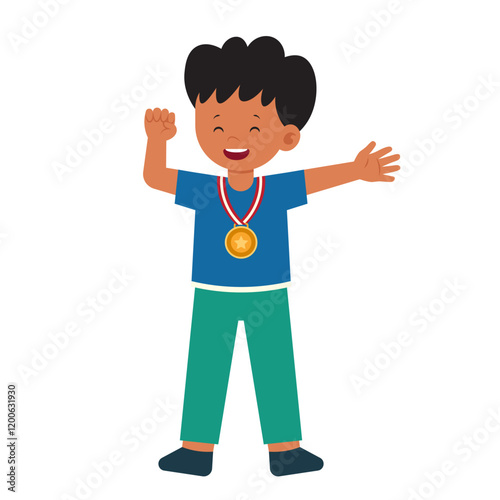 Student Won Medal & Trophy 1 Boy Celebrating with Gold Medal