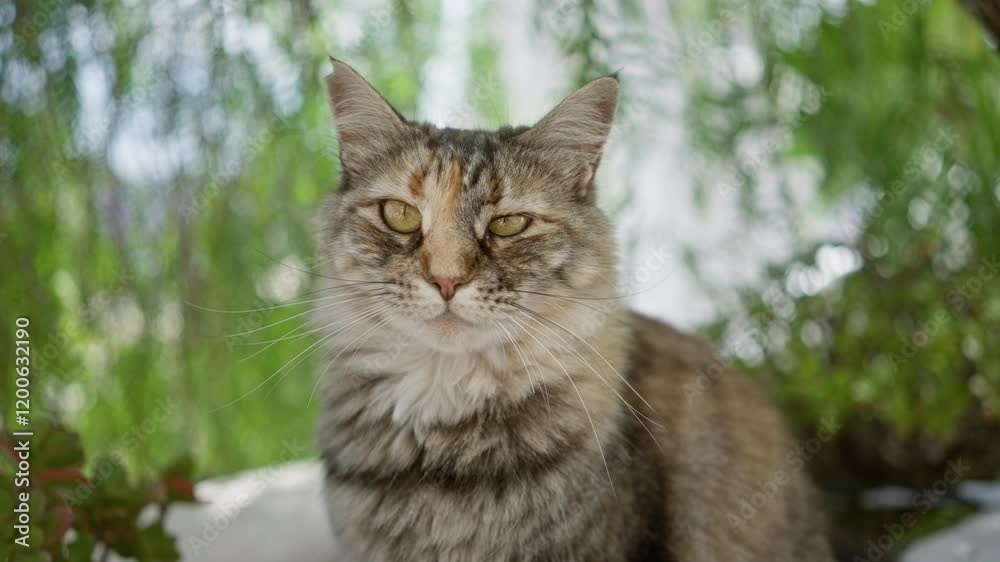 Cat sitting outdoors in daylight surrounded by green foliage on a sunny day, showcasing detailed fur and a pensive expression. Cat sitting outdoors in daylight surrounded by green foliage on a sunny day, showcasing detailed fur and a pensive expression.