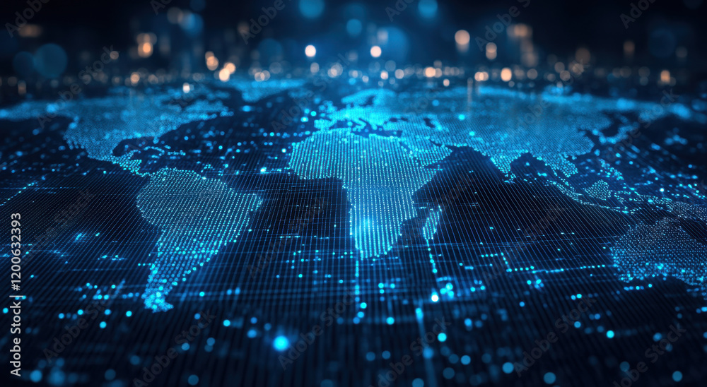Naklejka premium digital world map with glowing blue dots represents global connectivity and technology. intricate design highlights international data flow and investment opportunities