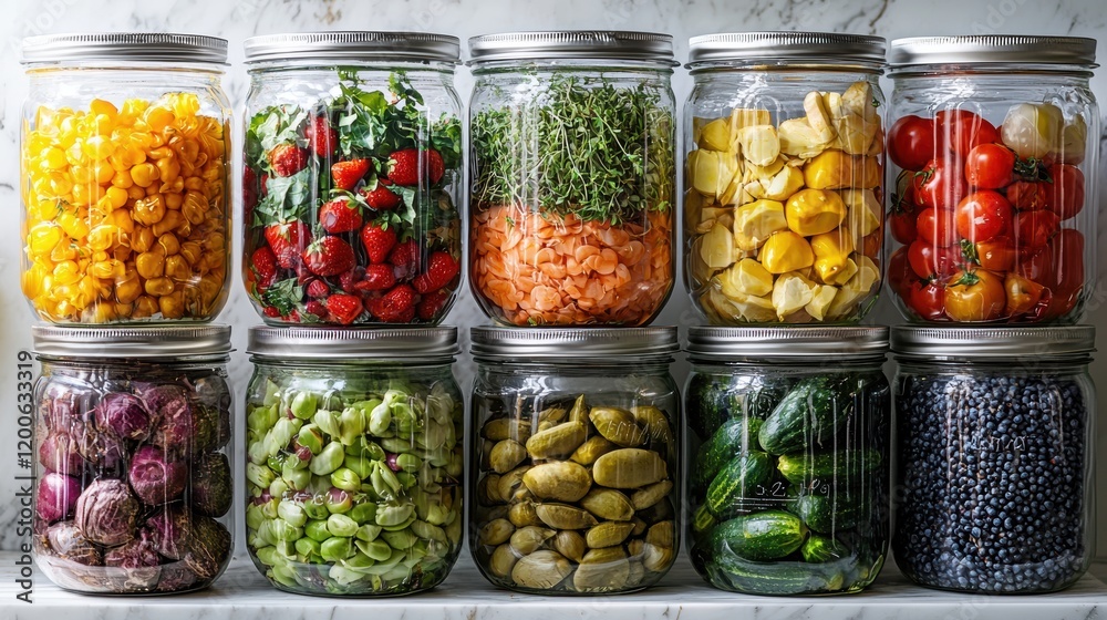 A row of glass jars filled with various vegetables and fruits. Generative AI A row of glass jars filled with various vegetables and fruits. Generative AI