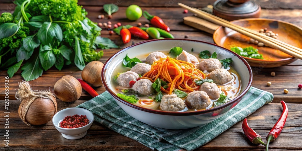 Delicious Thai Kuay Tiew Noodles with Pork and Fish Meatballs in Savory Soup on Rustic Wooden Table, Perfect for Food Lovers and Culinary Enthusiasts Delicious Thai Kuay Tiew Noodles with Pork and Fish Meatballs in Savory Soup on Rustic Wooden Table, Perfect for Food Lovers and Culinary Enthusiasts