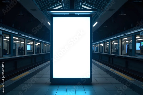 Blank glowing white advertising banner at night train station, vertical videotron mockup with copy space photo
