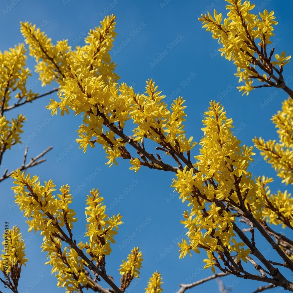 Yellow forsythia branches against a blue sky. Yellow forsythia branches against a blue sky.