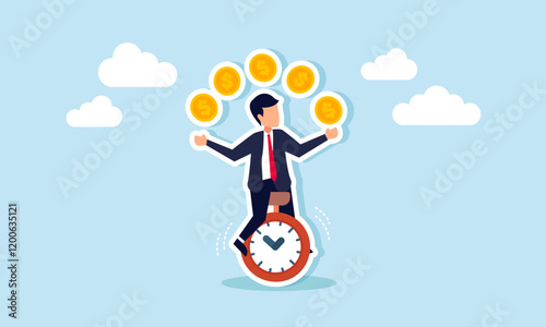 A businessman rides a unicycle while juggling dollar coins, illustration of a deadline in determining the right and profitable direction for business investment policy