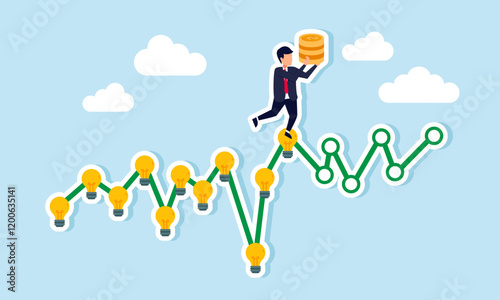 A businessman stands on a light chart holding a stack of coins, illustration of progress in applying one idea to another to succeed and gain business profit