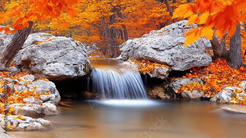 Autumn waterfall, orange leaves, forest, rocks, calm water, nature scene, fall background photo