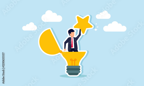 A businessman emerges from a lit lamp holding a star, illustration of creativity in generating business ideas and innovations aimed at improving business quality