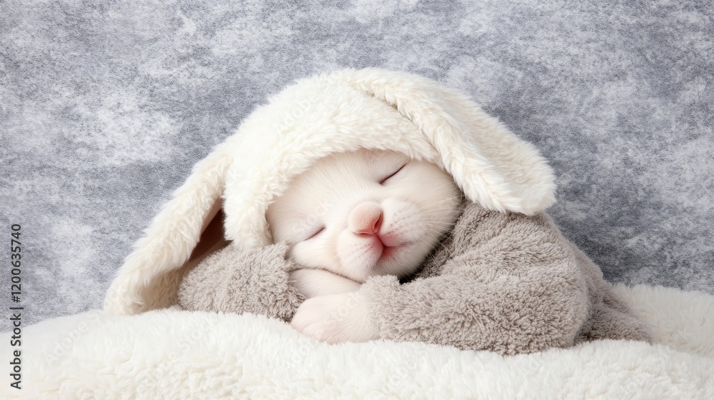 Adorable Kitten Sleeping in Bunny Outfit on Soft Blanket Adorable Kitten Sleeping in Bunny Outfit on Soft Blanket