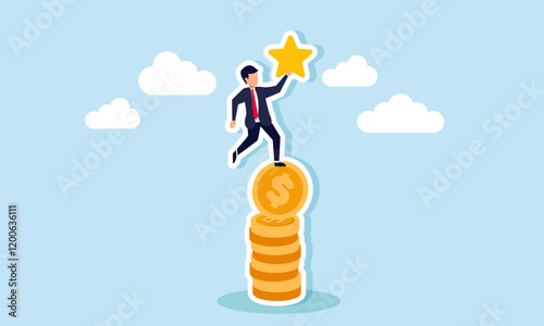 A businessman stands on a stack of coins holding a star, illustration of capital or investment required to achieve business quality