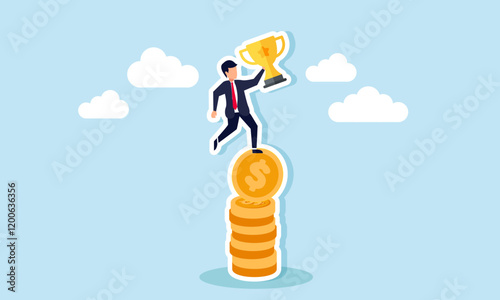 A businessman stands on a stack of coins holding a trophy, illustration of capital or investment required to become a leading company dominating market share