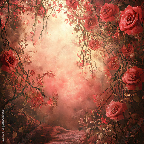 Enchanting Pathway Adorned with Vibrant Roses Illuminated by Soft Golden Light Creating a Dreamlike Atmosphere of Tranquility and Beauty in Nature