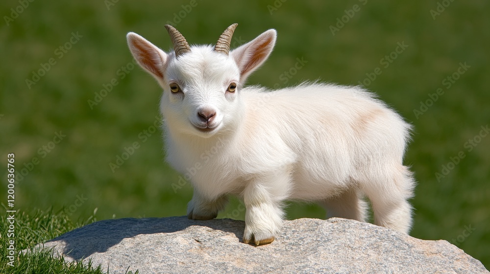 Adorable White Baby Goat Posing on Rock Outdoors Adorable White Baby Goat Posing on Rock Outdoors