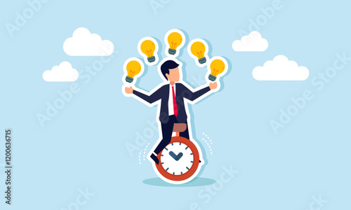 A businessman rides a unicycle while juggling lamps, illustration of thinking to determine the right and relevant ideas to apply in business