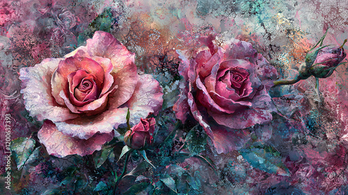 Delicate Painting of Two Elegant Pink Roses Set Against a Soft Pink Background Evoking Feelings of Romance Beauty and Tranquility in Floral Art