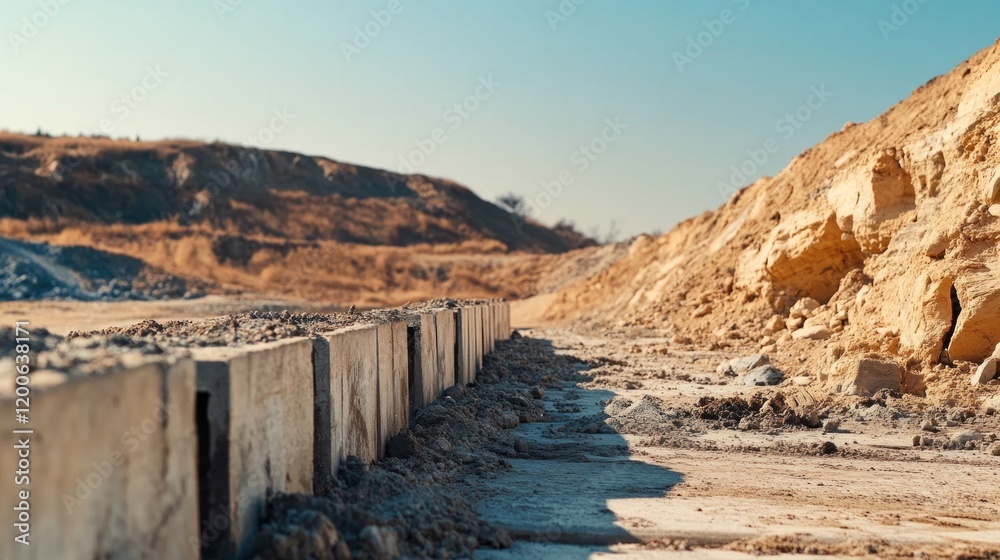 Dusty construction site features lined concrete blocks on a brown, sunlit pathway