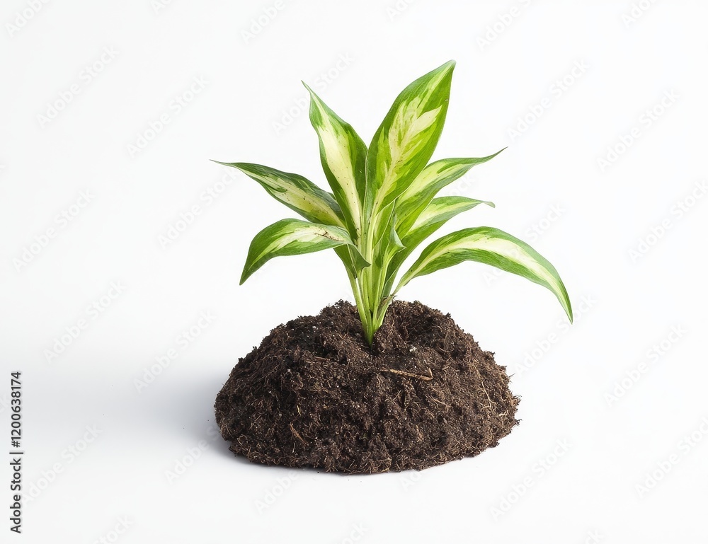 Young plant with variegated leaves growing in dark soil against white background. Young plant with variegated leaves growing in dark soil against white background.