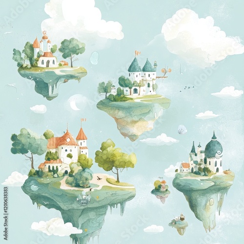 Floating Castles Amongst Lush Green Isles In A Dreamlike Sky photo