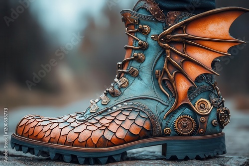 steampunk combat boots with mechanical dragon scales brass gears and steampowered wing attachments photo