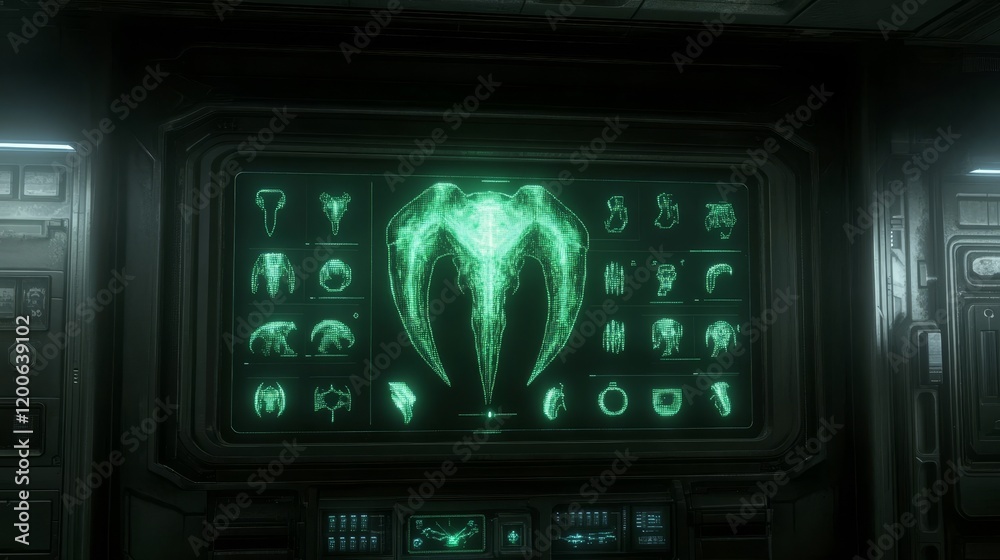 Alien Artifact Analysis Display Screen Green Interface Alien Artifact Analysis Display Screen Green Interface