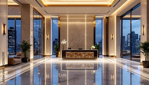 Fotografía Luxurious Hotel Lobby with Stunning Cityscape Night View