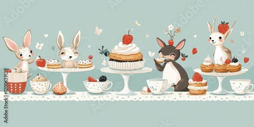 Adorable Bunnies and Deer Enjoying a Sweet Tea Party photo