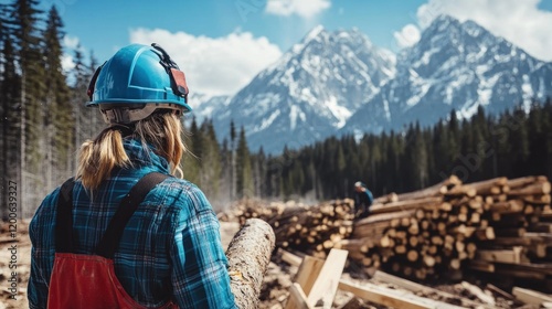 A worker in a hard hat and plaid shirt carries a log amid lumber stacks and stunning mountains photo