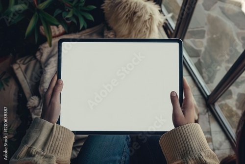 Detailed Visual  of Top View Paper Hand with Tablet