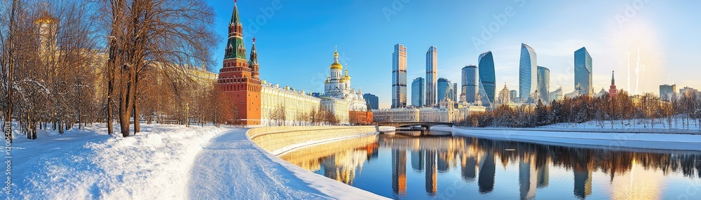 Fototapeta premium Moscow winter panorama Kremlin, modern skyline, snowy river. Travel postcard