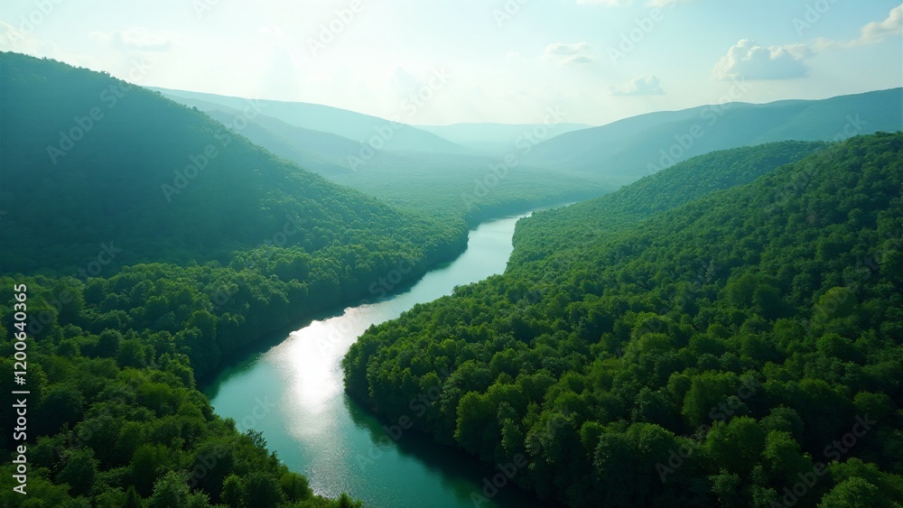 Aerial view of a winding river shimmering through a lush green forest, surrounded by vibrant foliage, natural curves, and an untouched wilderness under a bright blue sky. Aerial view of a winding river shimmering through a lush green forest, surrounded by vibrant foliage, natural curves, and an untouched wilderness under a bright blue sky.