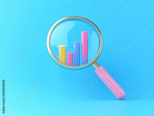 3D Magnifying Glass with Rising Graph on Blue Background